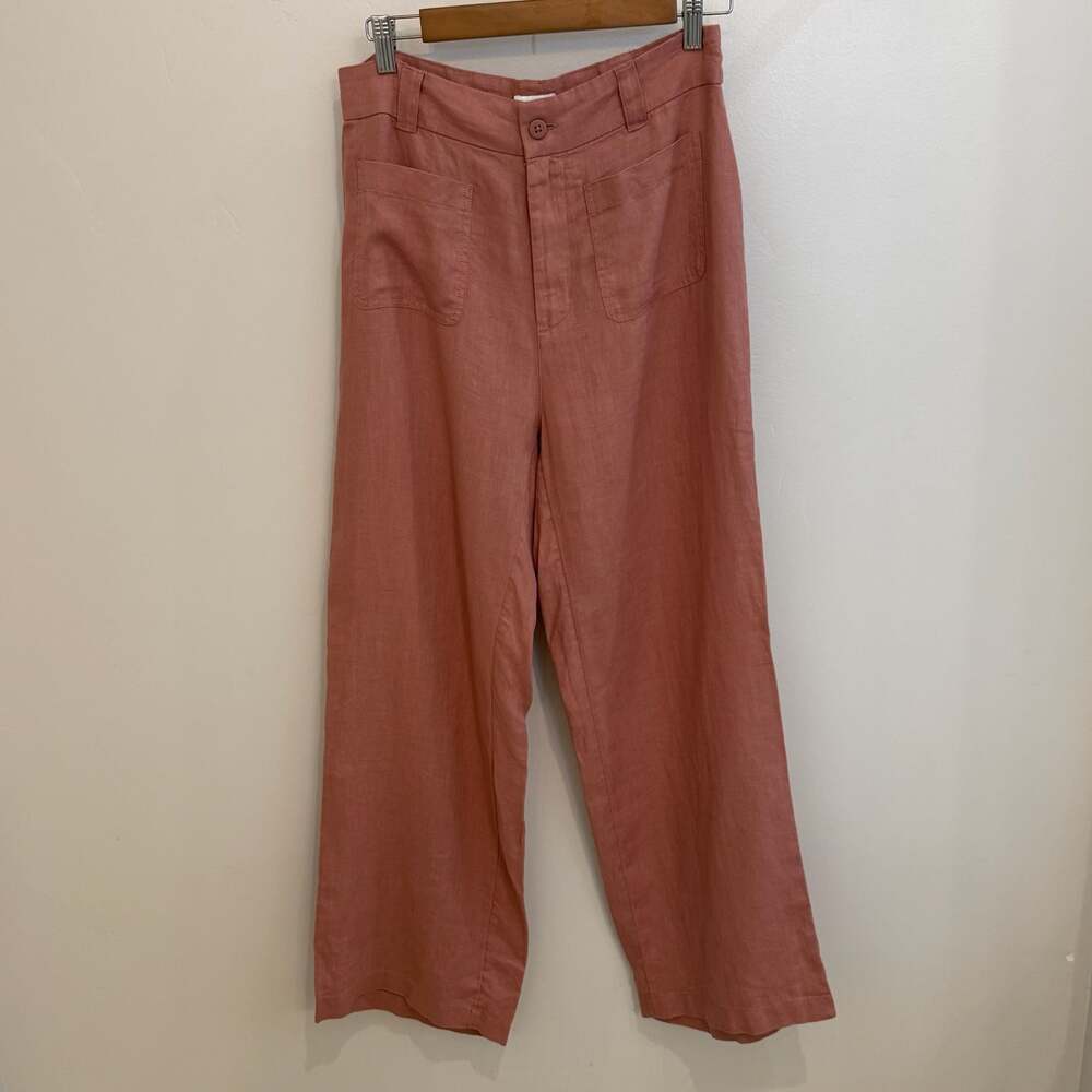 Nicole Miller New York Pink 100% Linen Wide Leg Patch Pocket Pants Size 6